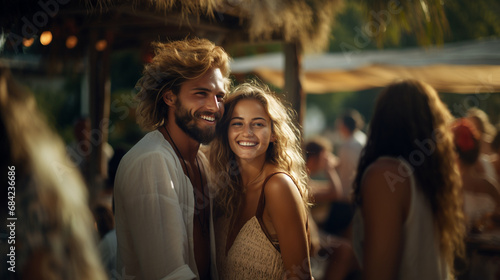 tropical vacations, man and woman couple, 20s 30s, caucasian, slender attractive, blonde, gathering or party or chill and hangout, tropical natural nature, fictional location, people and restaurant