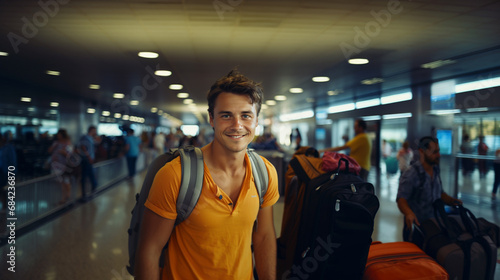 adult man, 30s, backpacker with backpack at a airport, happy nervous and excited, flight departure or arrival, fictional location, luggage and people in the terminal