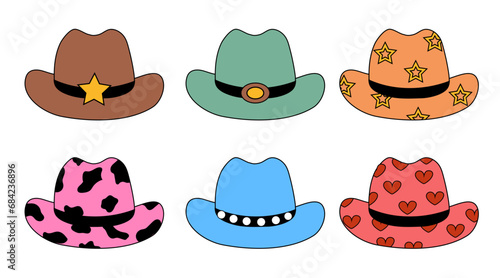 Set of retro Cowgirl hats different design. Cowboy western and wild west theme. Hand drawn isolated vector flat illustration.