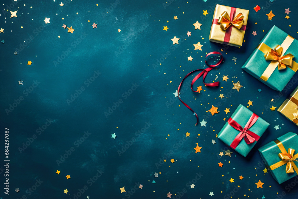 Naklejka premium Holiday background with gift boxes, confetti and bokeh