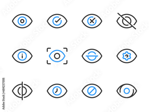 Eye and Retina vector line icons. View, Scanning and Eye recognition outline icon set.