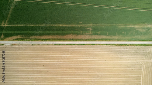 This image displays an aerial view of agricultural land, showcasing the geometric beauty of crop fields. The contrast between the lush green and the earthy tones of the tilled soil creates a natural
