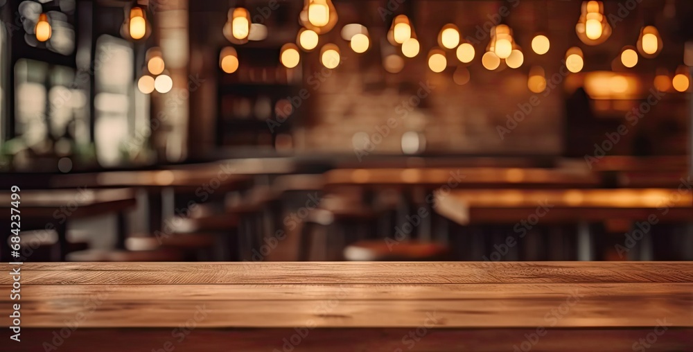 Elegant interior ambiance. Vintage inspired blurred background featuring dimly lit dining space with empty wooden table cozy chairs and subtle bokeh lights ideal for cafe and restaurant concepts