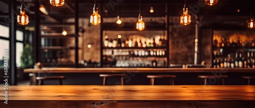 Elegant interior ambiance. Vintage inspired blurred background featuring dimly lit dining space with empty wooden table cozy chairs and subtle bokeh lights ideal for cafe and restaurant concepts