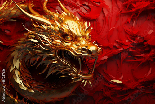 The golden dragon on a red background. Chinese new year
