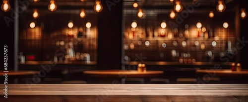 Elegant interior ambiance. Vintage inspired blurred background featuring dimly lit dining space with empty wooden table cozy chairs and subtle bokeh lights ideal for cafe and restaurant concepts