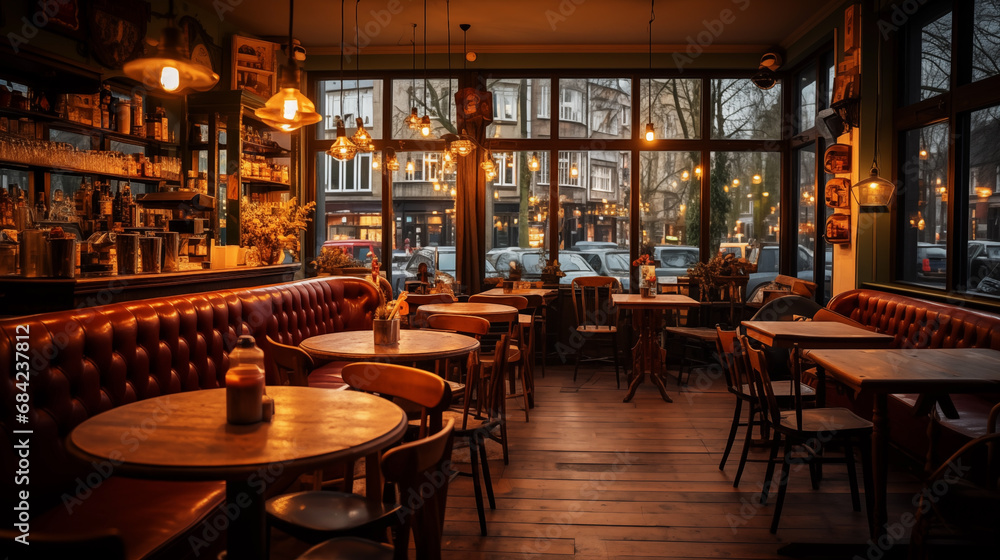 Photo of interior an small cozy coffee shop in in the evening in rustic style