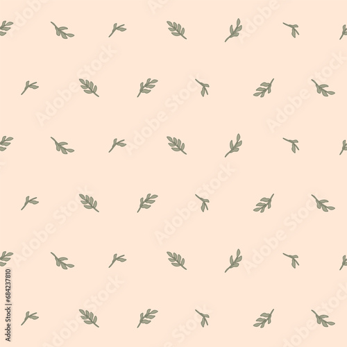 Vector illustration. Seamless pattern of delicate small leaves on a pink, powder background. Printing on textiles, for packaging, product design. © Viktoriia Pushenko