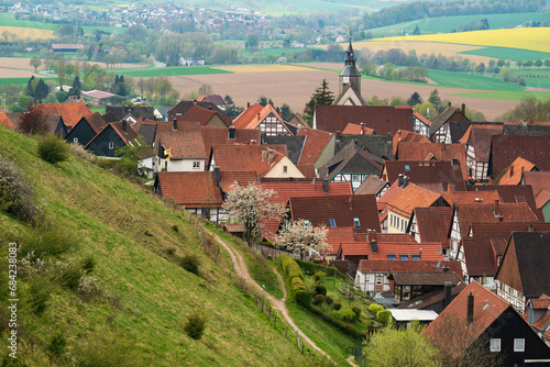 Elevated view of the town of Schwalenberg with its picturesque half-timbered houses, seen from the castle hill, Teutoburg Forest, Germany photo