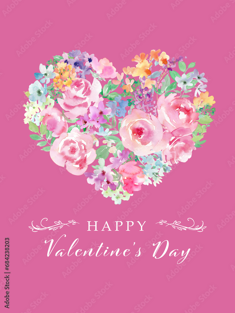 水彩で描いたピンクのバラと草花でできたハートの形のバレンタイン用イラスト