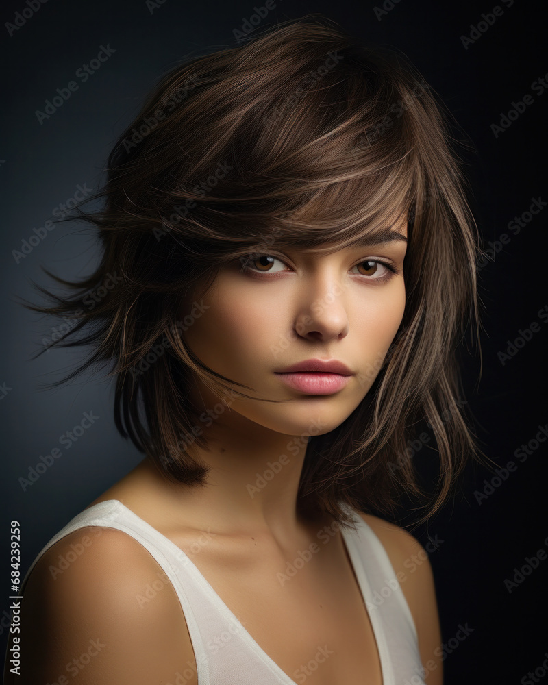 Beautiful woman with stylish short haircut, female model hairstyle on gray background, health care concept Beautiful woman with stylish short haircut, female model hairstyle on gray background, health care concept