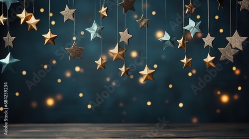 Christmas star shaped light background. Beautiful bokeh. Festive light. Abstract background of Christmas light with bokeh. Cool and Blue light.