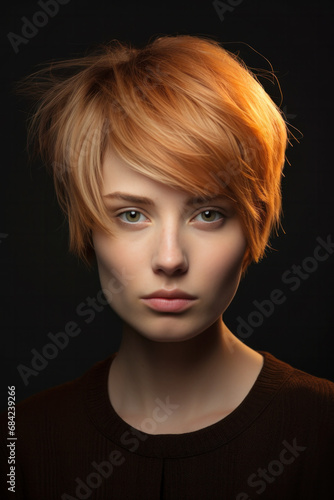 Beautiful woman with stylish short haircut, female model hairstyle on gray background, health care concept