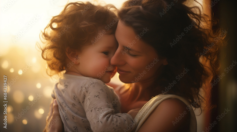 Isolated mother hugging kissing baby on defocused bokeh flare background
