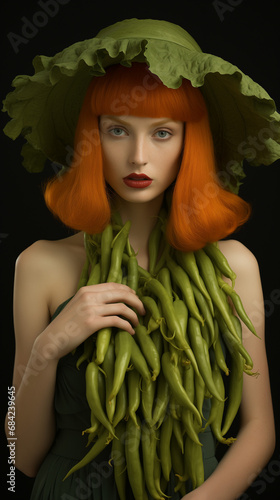 Mannequin femme rousse habillée avec une capeline en laitue et une robe de piments verts, sexy et comique photo