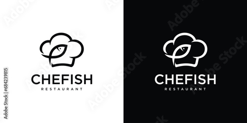 Chefish Logo Design. Chef Hat and Fish Combination Concept Lineart Outline Style. Restaurant Logo Icon Symbol Vector Illustration.