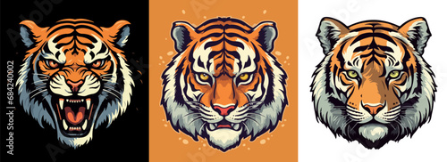 The head of a dangerous tiger on an orange, white and black background photo