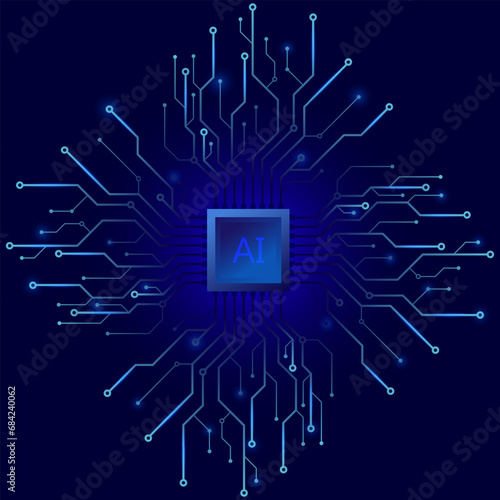 AI chip digital technology on a blue background. AI computer processor. Digital technology artificial intelligence concept design. Modern technology design. CPU and circuit board background.