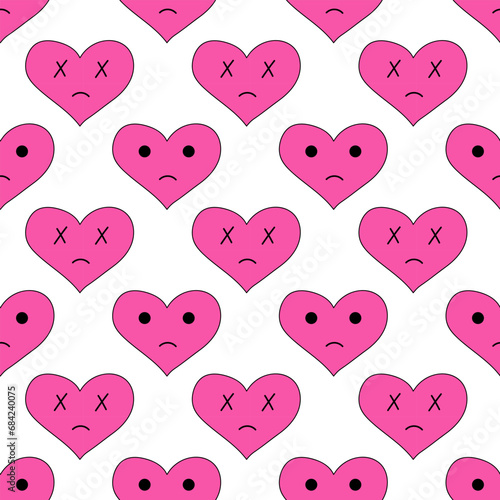 Seamless Pattern with hearts of sadness in emo style. Y2k. Pink weird gloomy hearts. Anti Valentine Day. Vector flat illustration.
