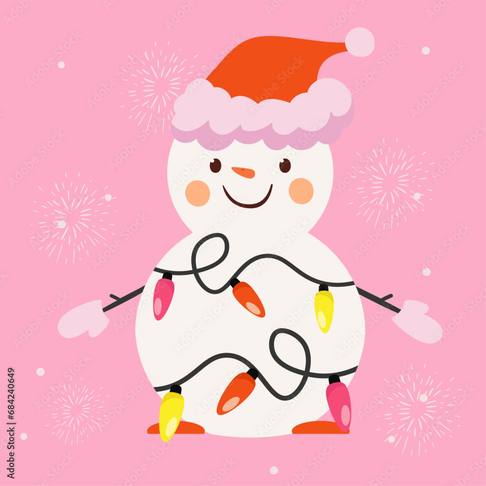 Flat Design Illustration with Snowman wearing Christmas Lights, Santa Hat, Glovers Flat Design Illustration with Snowman wearing Christmas Lights, Santa Hat, Glovers