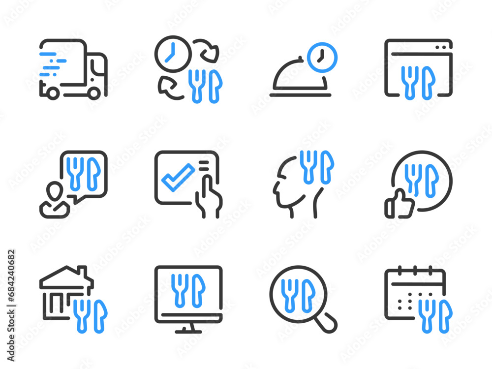 Delivery Food Service and Online Order vector line icons. Takeaway, Ordering Groceries and Meal Delivery outline icon set. Delivery Food Service and Online Order vector line icons. Takeaway, Ordering Groceries and Meal Delivery outline icon set.