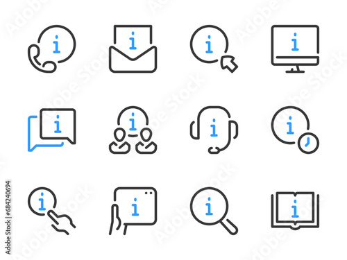 Information and Help center vector line icons. Faq, Info, Helpdesk, Guidance and Instruction outline icon set.