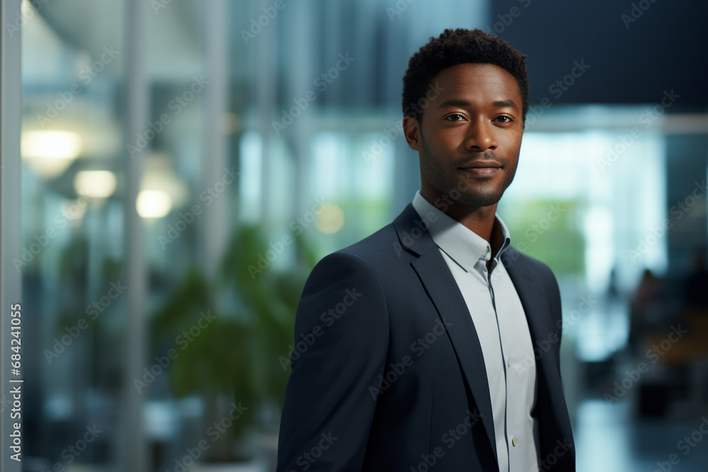 Fototapeta premium Businessman, young African American entrepreneur in a modern workspace, career growth