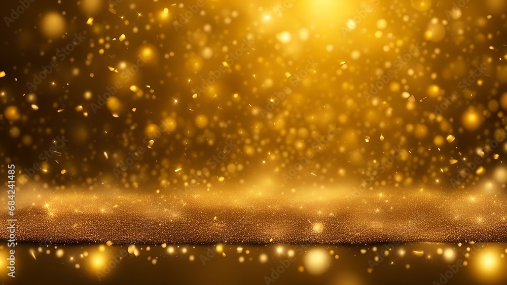 Obraz premium golden particles and sprinkles on christmas or new year celebration. shiny golden lights. wallpaper background for ads or gifts wrap and web design