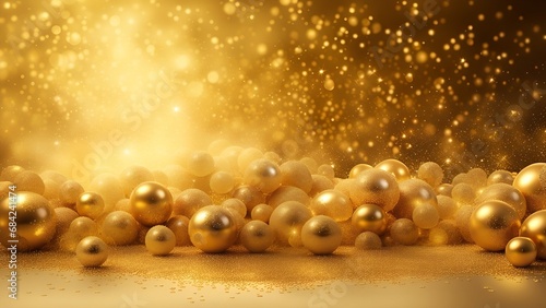 golden particles and sprinkles on christmas or new year celebration. shiny golden lights. wallpaper background for ads or gifts wrap and web design