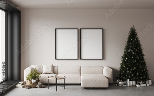 Cozy christmas living room decorated big christmas pine tree  garlands  white sofa  two empty frames on the wall  mockup for art  gifts under the tree. Panoramic window. New year s interior.3d render