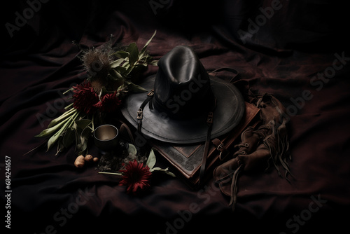 Nature morte des attributs de la sorcière : chapeau, grimoire magique, mortier, fleurs et épices pour potions et rituels photo