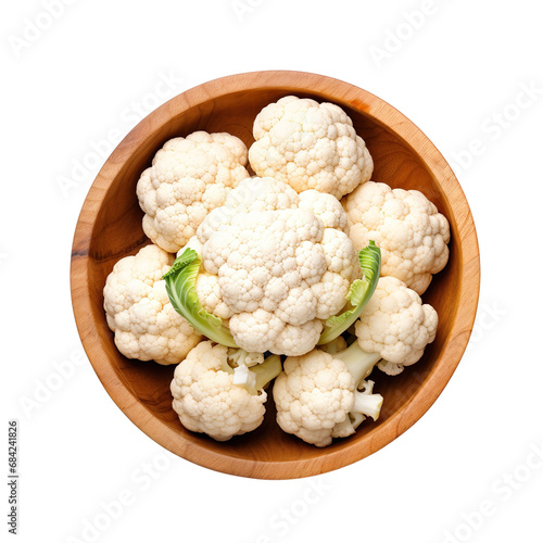 top view of cauliflower vegetable in a wooden bowl isolated on a white transparent background 