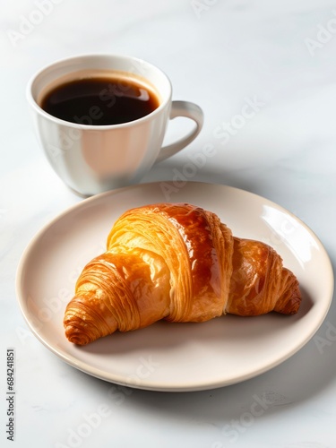 Cup of black coffee and croissant on a table.