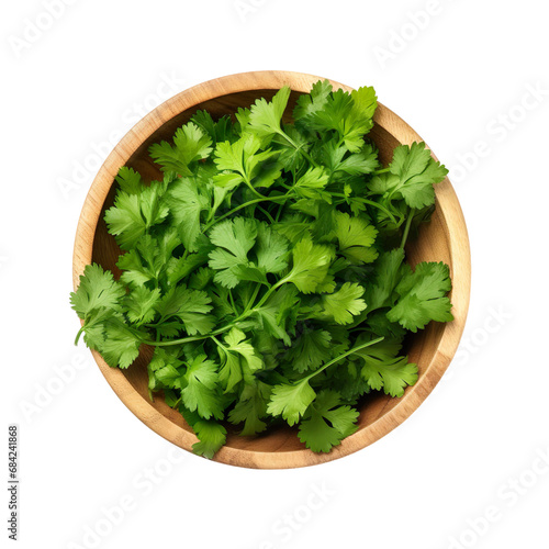 top view of cilantro  vegetable in a wooden bowl isolated on a white transparent background 