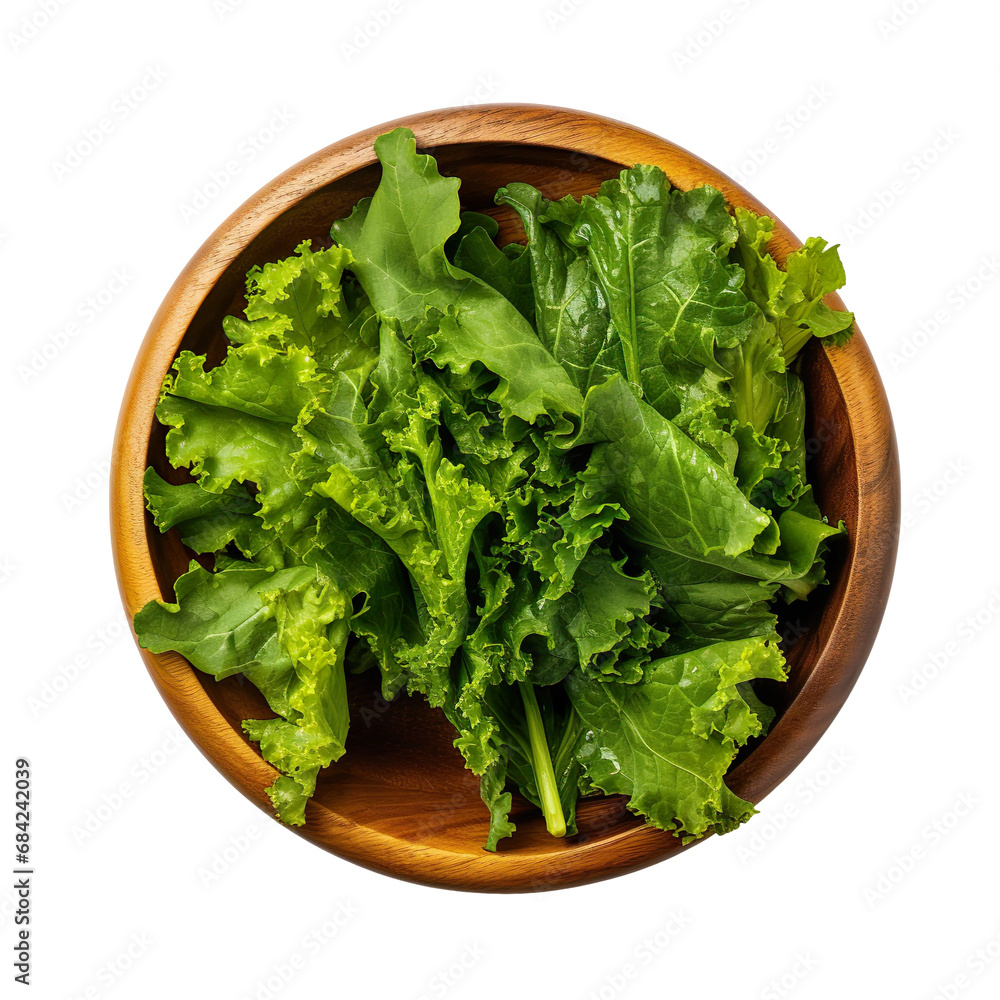 top view of mustard greens vegetable in a wooden bowl isolated on a white transparent background top view of mustard greens vegetable in a wooden bowl isolated on a white transparent background