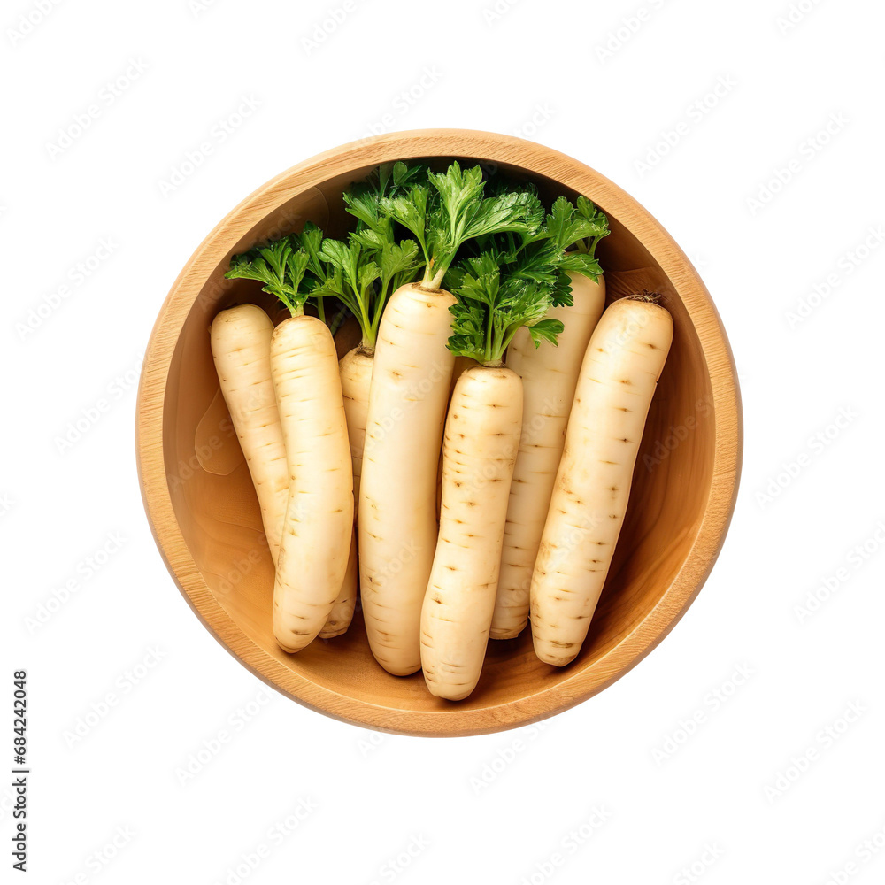 top view of parsnips vegetable in a wooden bowl isolated on a white transparent background top view of parsnips vegetable in a wooden bowl isolated on a white transparent background