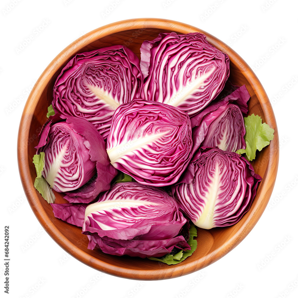 Fototapeta premium top view of radicchio vegetable in a wooden bowl isolated on a white transparent background 