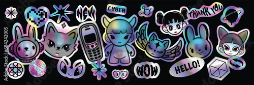 Holograph u2k sticker set  cyber holo hologram icon pack  vector space neon foil retro acid badge. Futuristic cute character  hype CD effect tag  kawaii cat eyes clipart. Metal holograph sticker