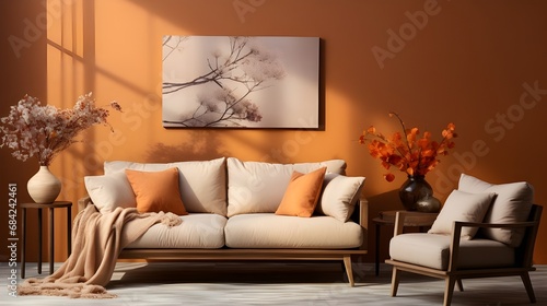 an empty cream sofa next to a wooden chair, in the style of vray, light gold and light bronze, shibori, sheet film, pure color, terracotta