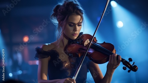 Elegant violinist in orchestra, classical music concert, intense performance © Increasi