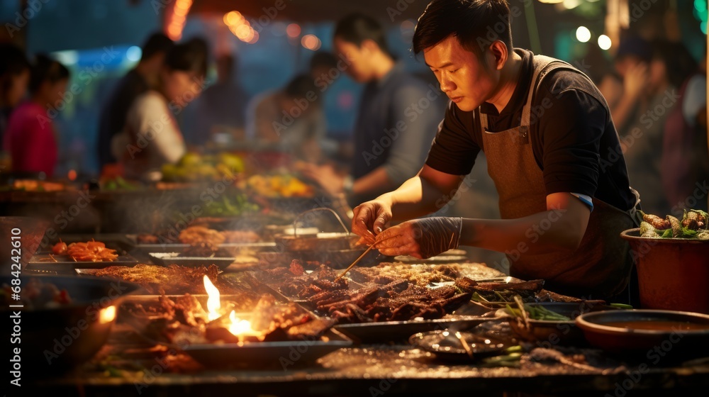 Fototapeta premium Street vendor cooking, vibrant night market, local cuisine