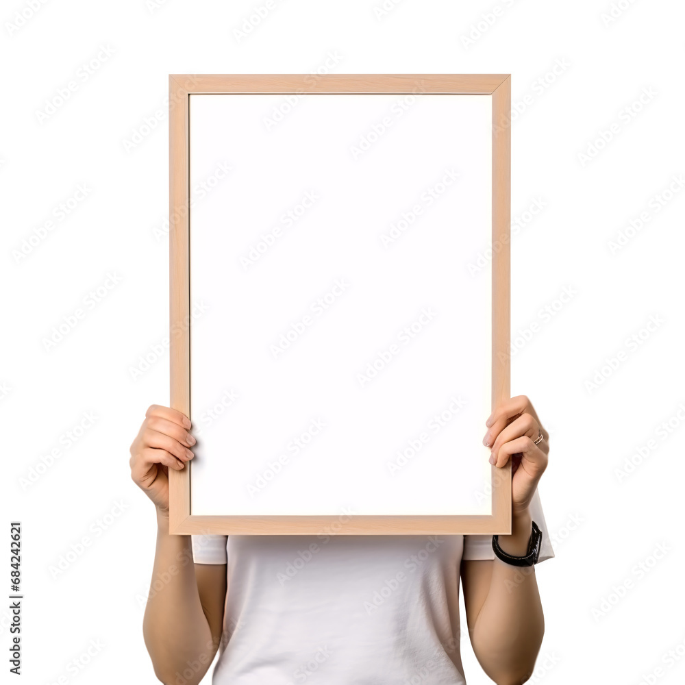 a woman holding a blank photo frame with two hands to show a sign, writing, or text isolated on a transparent background, hands holding an empty whiteboard with a wooden frame a woman holding a blank photo frame with two hands to show a sign, writing, or text isolated on a transparent background, hands holding an empty whiteboard with a wooden frame