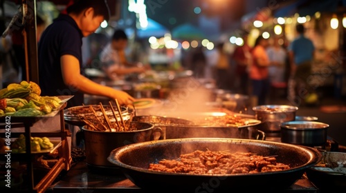 Street vendor cooking, vibrant night market, local cuisine