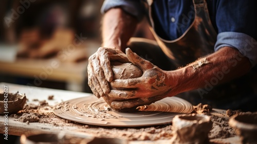 Traditional pottery making, artist at work, hands shaping clay photo