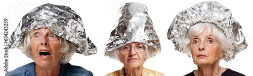 Set of senior women in tin foil hats, cut out photo