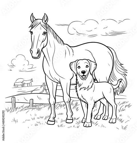 Horse with a dog in the farm coloring page - coloring book for kids