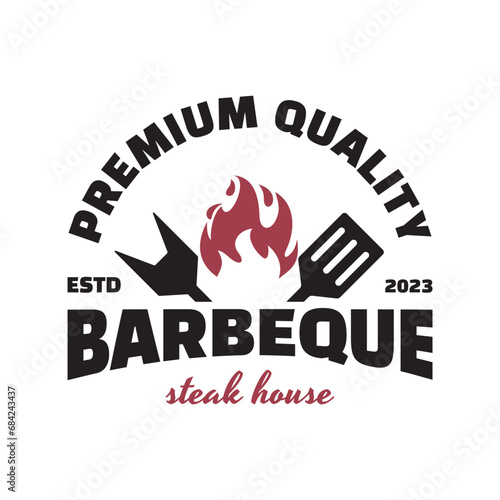 Vintage Retro BBQ Grill, barbecue steak, fork and spatula food logo