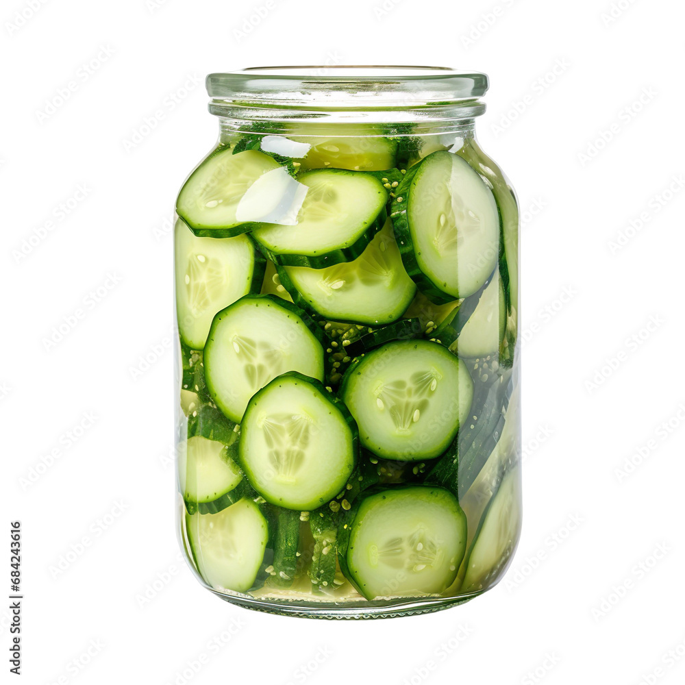 Front view of cut cucumbers vegetable in a jar isolated on a white transparent background Front view of cut cucumbers vegetable in a jar isolated on a white transparent background