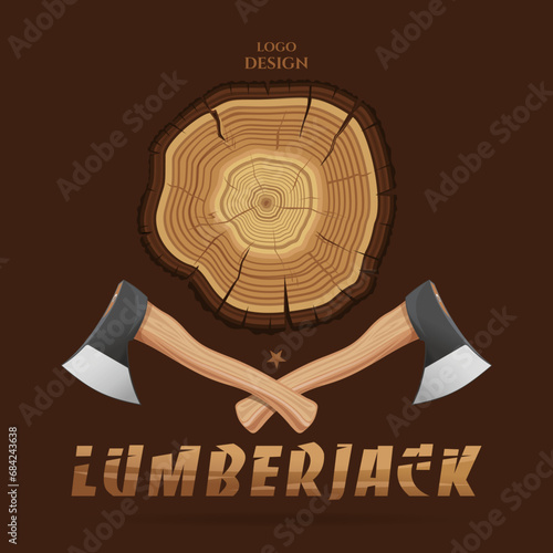 Lumberjack logo design. Two crossed lumberjack axes and a felled tree. Vector illustration