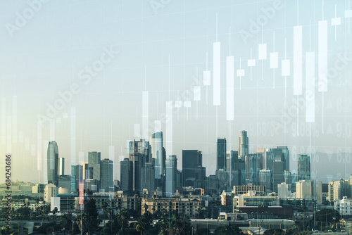Multi exposure of virtual abstract financial diagram on Los Angeles office buildings background  banking and accounting concept